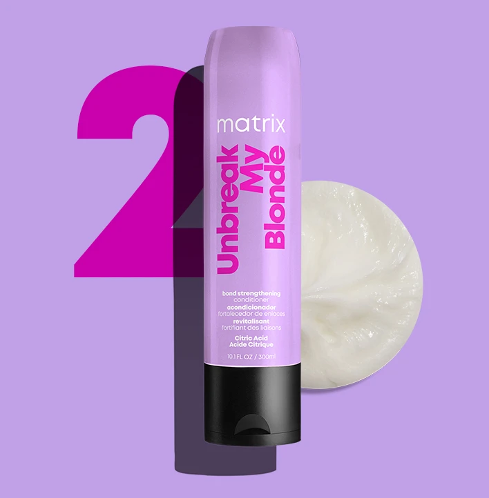 Butelka odżywki Matrix Professional Unbreak My Blonde na fioletowym tle