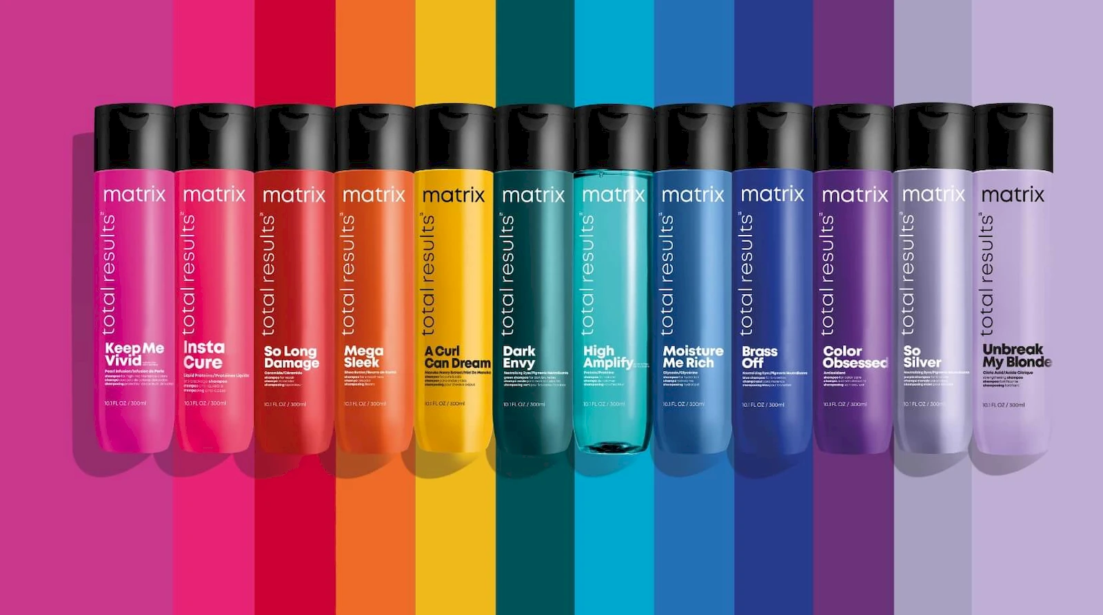 Grafika przedstawiająca ułożone wedłu kolorów tęczy produkty marki Matrix Professional