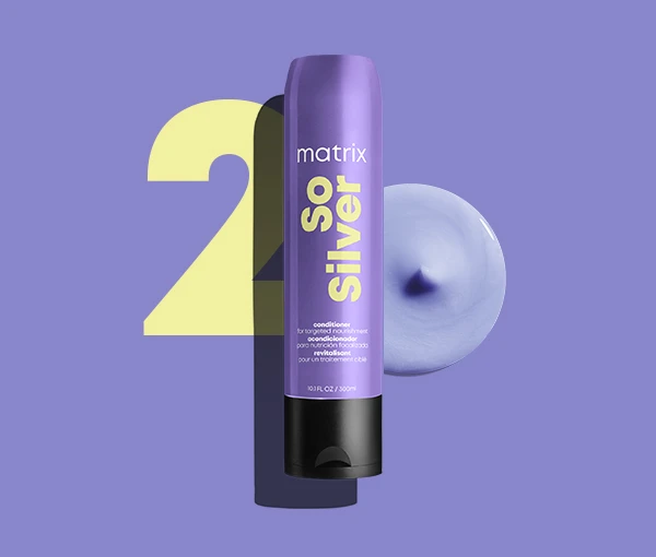 Odżywka do włosów siwych i blond Matrix Professional So Silver na fioletowym tle