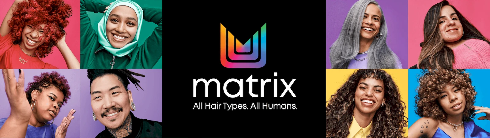 Banner marki Matrix Professional przedstawiający kilka osób z różnymi fryzurami i kolorami włosów