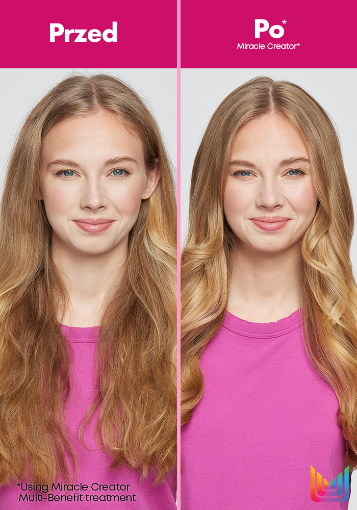 Efekt przed i po zastosowaniu sprayu do włosów Miracle Creator